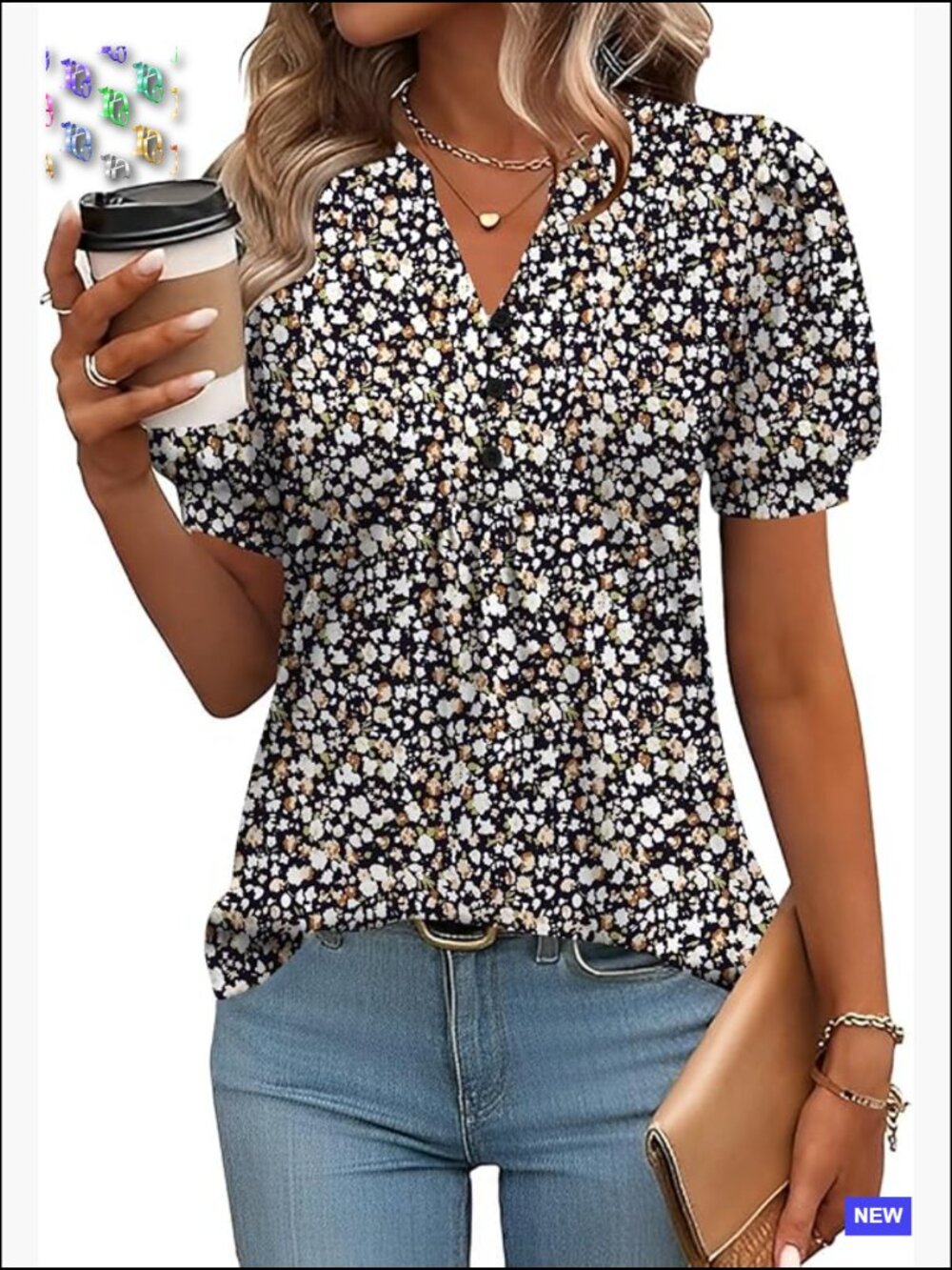 Puff Short Sleeve Blouse Dressy Casual Henley V-Neck Pleated Tunic T-Shirt
